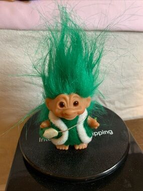 Vintage Green-Haired Troll Doll with Felt Outfit
